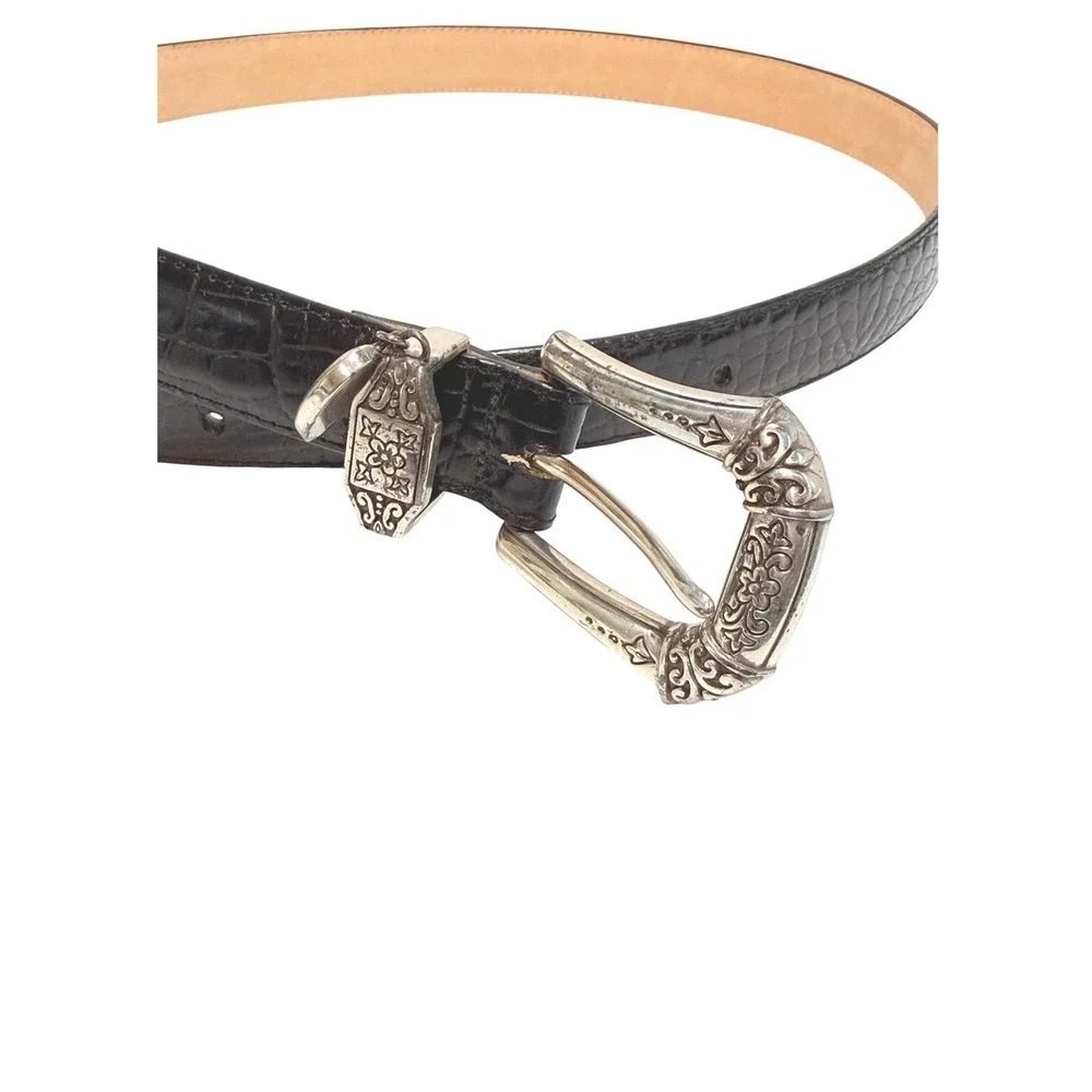 Brighton Vintage Black Crocodile Embossed Leather Western Belt Silver Size 34 Y2